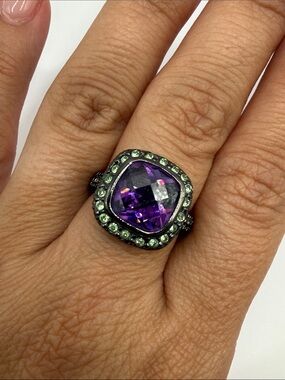 Vintage Silver Tone Purple Green Rhinestone Large Cocktail Statement Ring Size 7